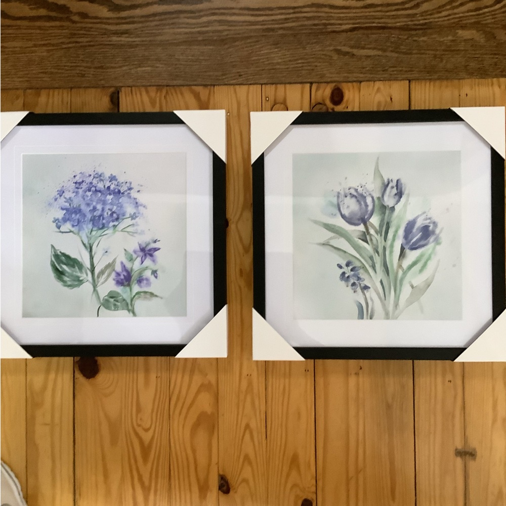Art, Blue Flower Wash 2 Piece Picture, Black Framed Print